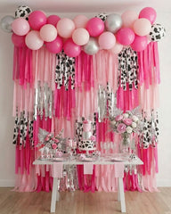 "Last Rodeo" Disco Cowgirl Fringe Backdrop - Pink, Cow Print & Silver Bachelorette Decor