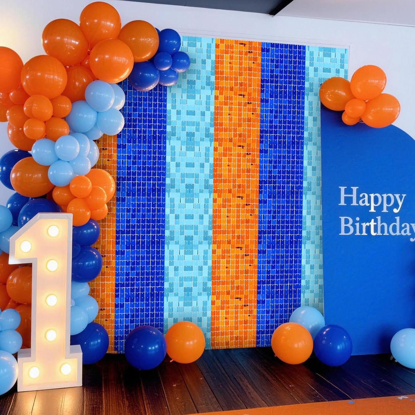 LOLStar Blue Orange and Light Blue Shimmer Wall Backdrop, 24 PCS Dog Birthday Decorations Square Sequin Glitter Backdrop Panels, Photo Background for Birthday Party, House Doorway Room Decor for Kids