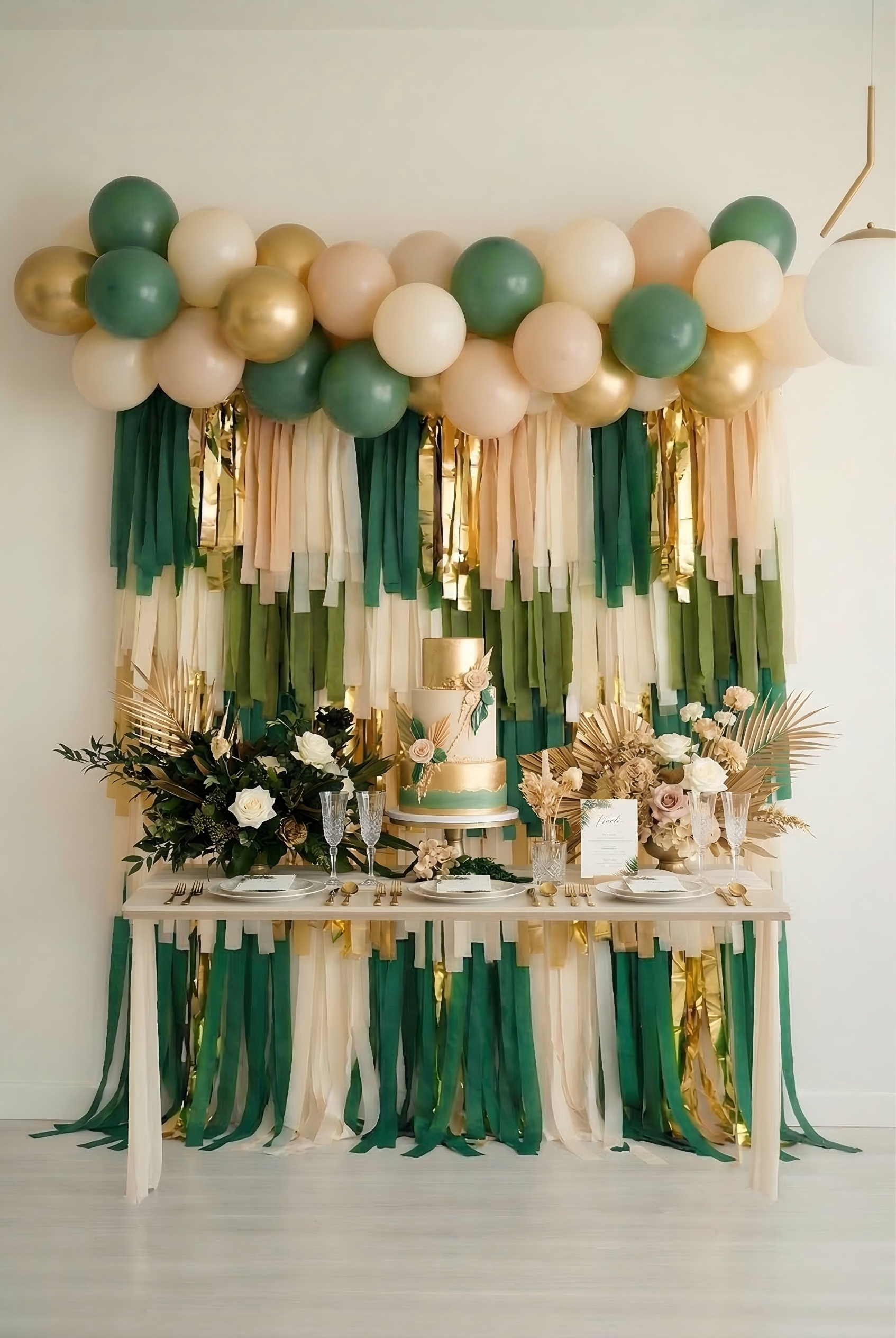 "Born to be Wild" Safari Fringe Backdrop - Emerald Green & Gold Jungle Party Decor
