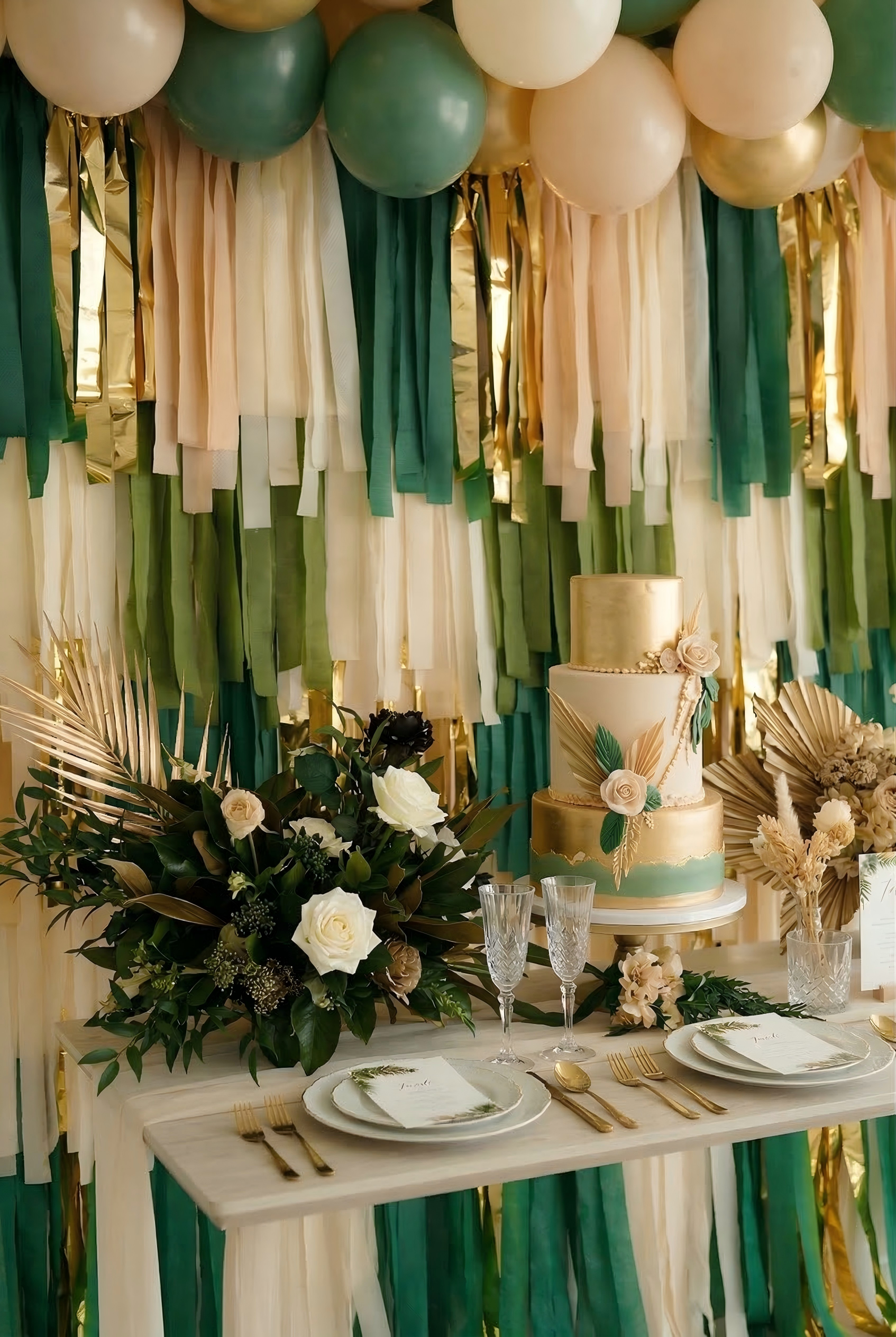 "Born to be Wild" Safari Fringe Backdrop - Emerald Green & Gold Jungle Party Decor