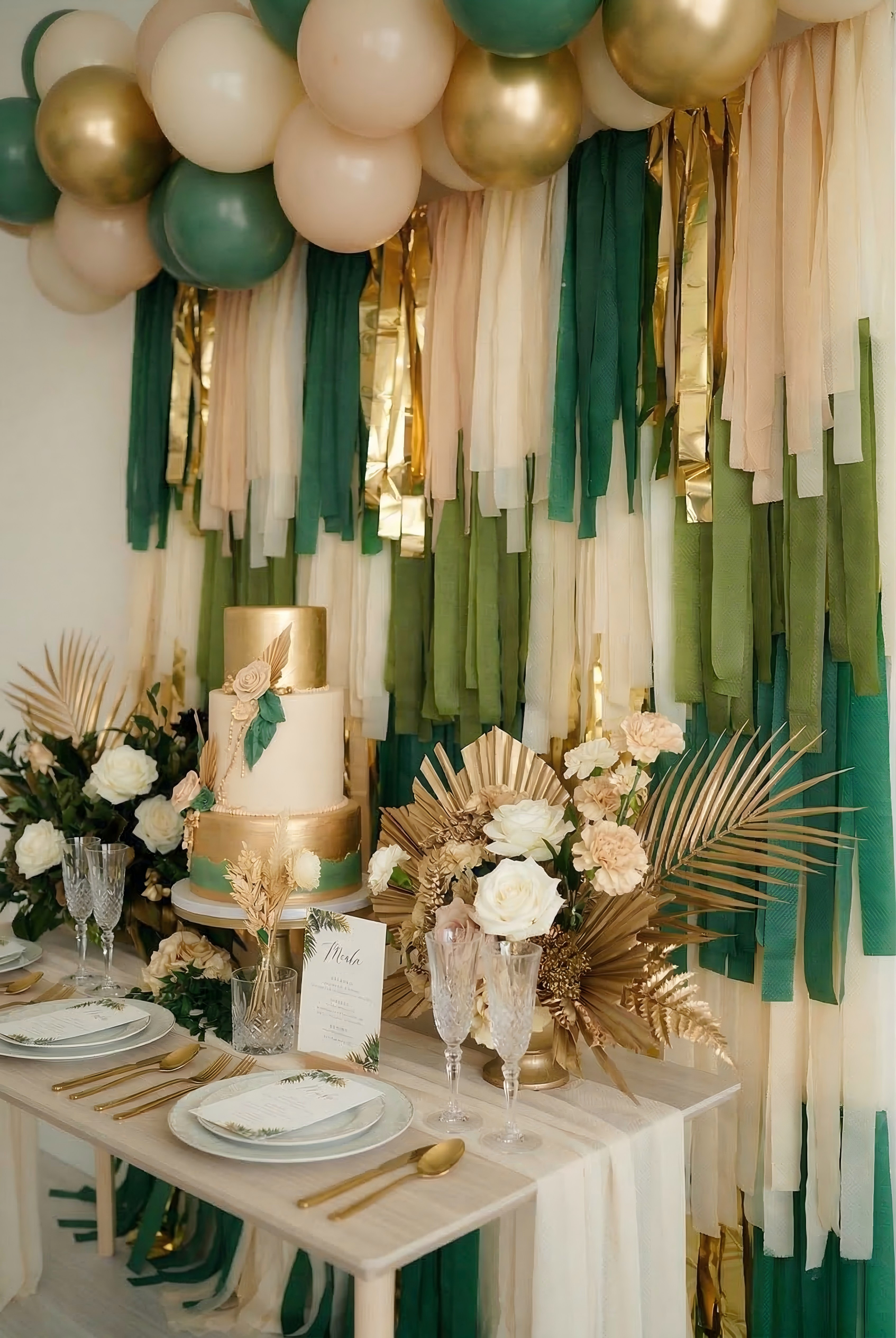 "Born to be Wild" Safari Fringe Backdrop - Emerald Green & Gold Jungle Party Decor